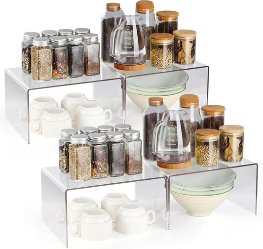 Acrylic Kitchen Cabinet Organizer Shelf, Spice Rack, Plate and Cupboard Storage Riser, Versatile Pantry Shelf, Durable Clear Countertop Organizer for Home and Kitchen(4 PCS)