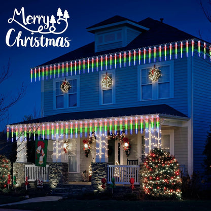 Brightown Christmas Meteor Shower Icicle Lights Outdoor, 30ft with 30 Tube 720 LED Dropping Effect, Waterproof Decorations for House Eave Roofline, Multicolor