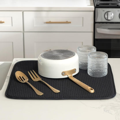 S&T INC. Dish Drying Mat, 16” x 18”, Absorbent Microfiber Kitchen Counter Mat, Drying Pad for Dishes, Utensils, Pots and Pans, Large, Diamond Texture, Black