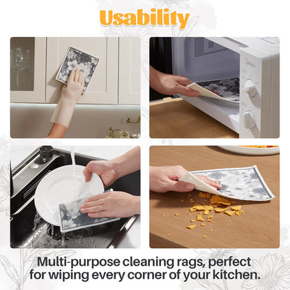 JOYMOOP 12 Pack Decorate Cleaning Cloth (Black White of Decorative Series), Reusable Absorbent Dish Towels, Non-Scratch Washable Rags for Cookware, Kitchen and Household Cleaning - 6.7×7.9 inch