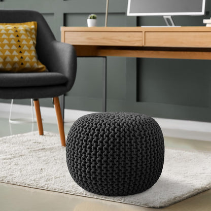 Casafield Round Pouf Ottoman, Black - 20" Diameter x 14.5" High Cotton Knit Foot Stool - Boho Floor Pouffe for Living Room, Bedroom, Home Office