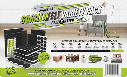 Slipstick Gorilla Felt Furniture Pads (189 Piece Variety Pack) Premium Furniture Pads & Chair Leg Floor Protectors for Hardwood Floors & Hard Surfaces