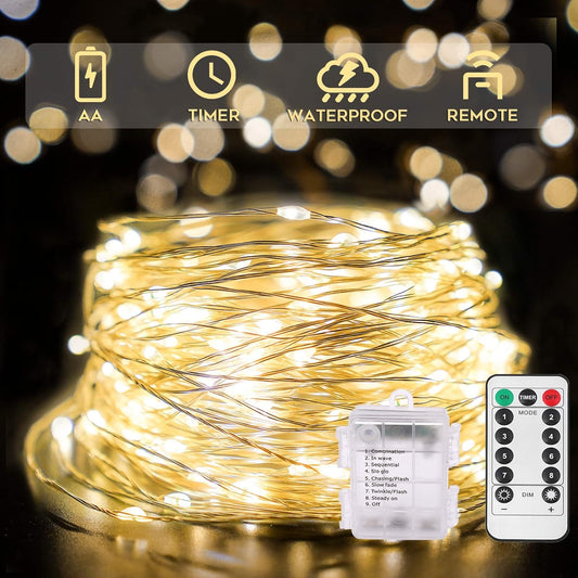 suddus 33ft 100 LED Outdoor String Lights, Warm White Fairy Lights Battery Operated with Remote, Led Twinkle Lights for Bedroom, Dorm, Backyard, Wedding, Tree, Mason Jar, Wall, Christmas
