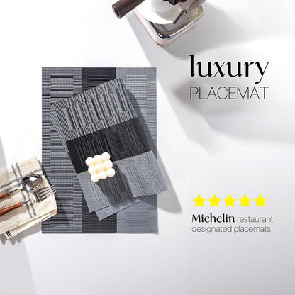 LEXMORE Placemats Set of 4 Vinyl/Plastic Woven Place Mats for Kitchen Table Indoor/Outdoor Washable Placemat Wipeable Dining Table Mats(Silver Gray Black)