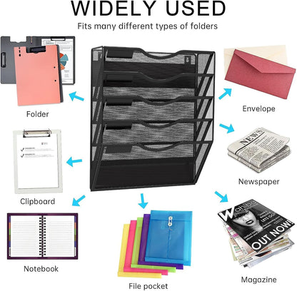 5-Tier Magnetic File Holder, No Drilling Installation File Cabinet Organizer, Black Magnetic File Organizer, Magazine Rack, Magnetic Paper Holder for Refrigerator, File Cabinets, Whiteboard