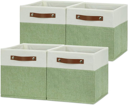 HNZIGE Fabric 11x11 Cube Storage Bins, Set of 4, Foldable Storage Cube Bin Baskets for Shelves with Handles, Bins for Cube Organizer Home Toy Nursery Closet(Green White)