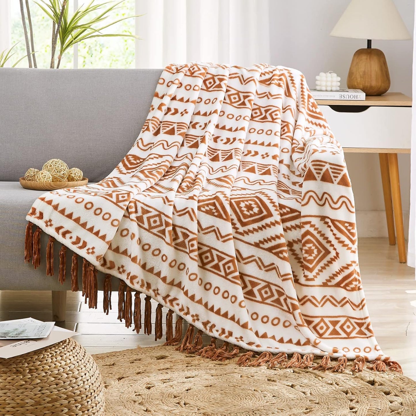 CASAAGUSTO Boho Throw Blanket - Terrcotta Decorative Blankets with Tassel, Printed Flannel Bohemian Blanket for Chair, Bed, Sofa, Couch(60 * 80, Terrcotta)