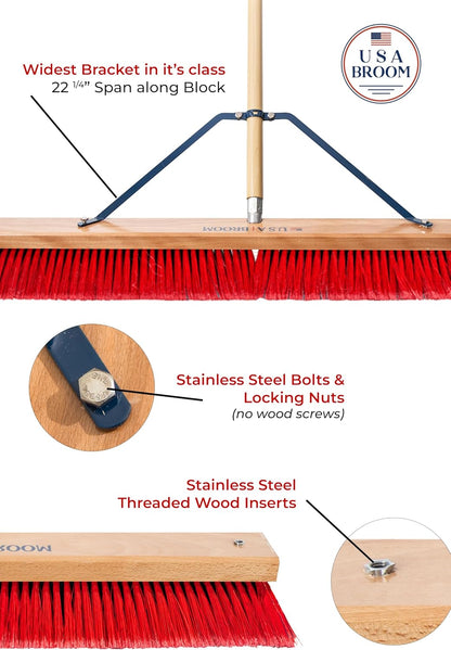 USA Broom 36" Everyday Sweep Indoor/Outdoor Push Broom with 60" Handle. Ideal for Garages & Shops. Durable American Made Steel Brackets-All Stainless Steel Hardware. No Plastic. 100% Made in The USA.