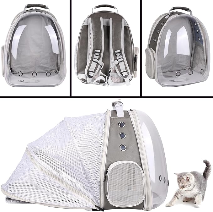 halinfer Expandable Carrier Backpack for Kitten Bunny and Small Puppy, Vented Transparent Space Capsule Astronaut Cat Bubble Window, PU Leather Grey Vet Carry Bag