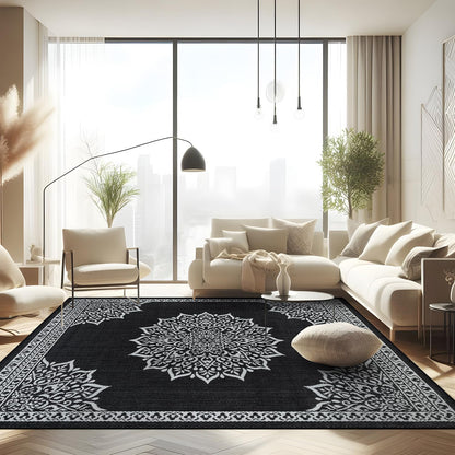 CAMILSON Outdoor Rug, 9x12 Medallion Black White Modern Area Rugs for Large Indoor and Outdoor Patios, Kitchen and Hallway Mats, Washable Porch Deck Outside Carpet (Medallion Black, 9 x 12)
