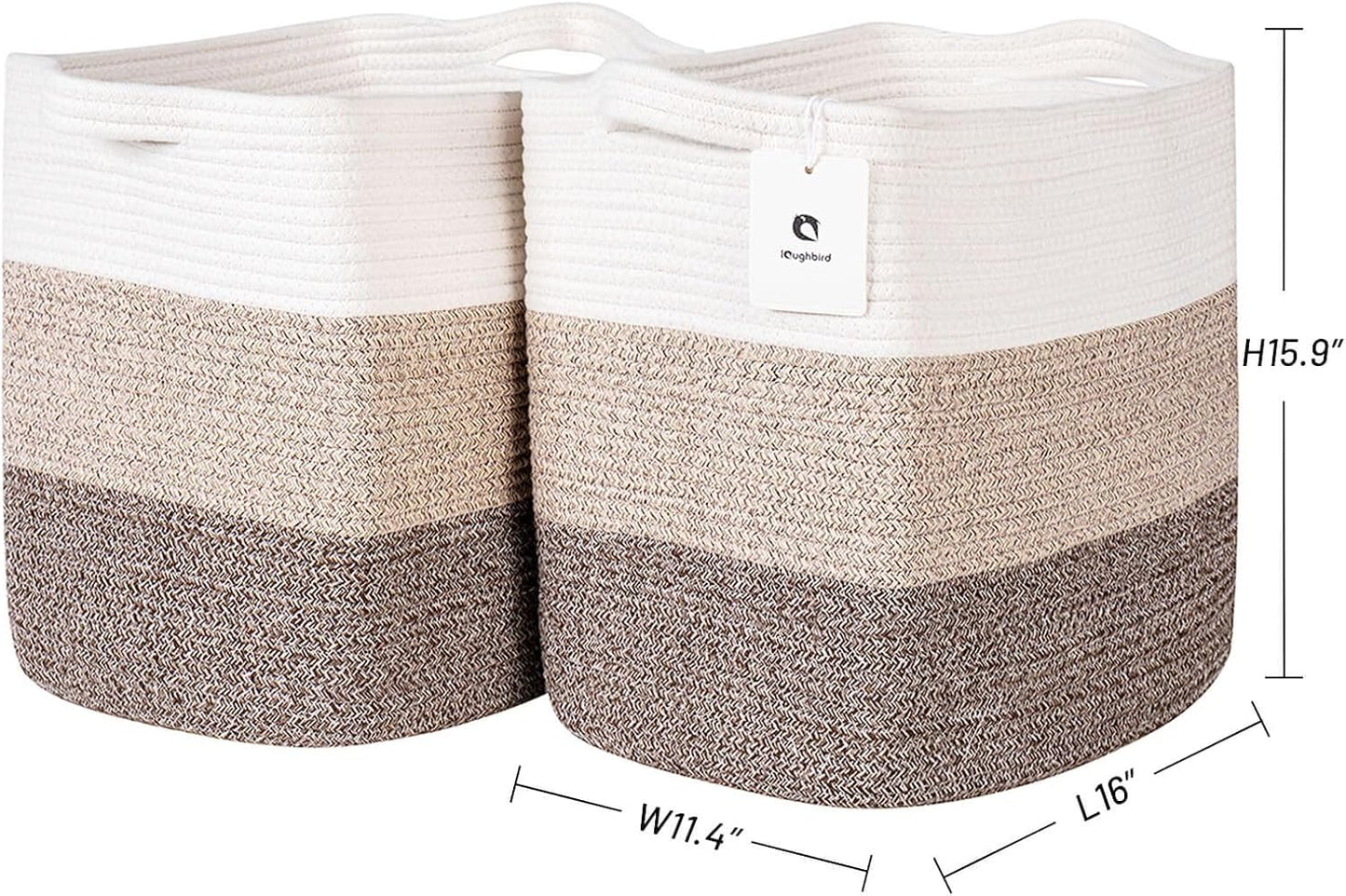 Tall Storage Bins for Clothes Fabric Cotton Rope Storage Baskets with Handles, Decorative Woven Basket for Living Room,Closet Organizer Blankets, and 2bags (Gradient Brown, L16×W11.4×H15.9)