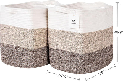 Tall Storage Bins for Clothes Fabric Cotton Rope Storage Baskets with Handles, Decorative Woven Basket for Living Room,Closet Organizer Blankets, and 2bags (Gradient Brown, L16×W11.4×H15.9)