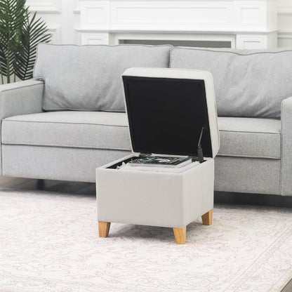 Adeco 17.5" Square Fabric Ottoman with Storage - Upholstered Cotton Linen Foot Rest - Flip Top Footstool with Sturdy Wood Legs, Small Cube Coffee Table Extra Seat for Living Room, Bedroom, White