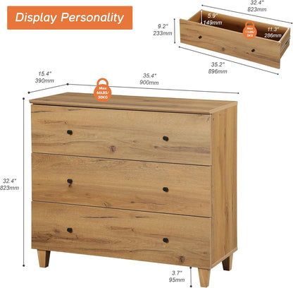 WAMPAT Bedroom Dresser with 3 Drawers, 35.4" Wide Wood Kids Dressers, Chest of Drawers, Modern Closet Organizer Bachelors Chest w/Solid Wood Legs for Living Room, Baby Room, Nursery, Oak Brown
