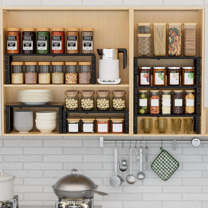 Expandable Spice Rack Kitchen Cabinet Shelf Organizer, Stackable Storage Shelves Racks, Adjustable Counter Shelving for Cabinets, Countertop, Cupboard,Pantry and More(1Pack/Black/Medium)