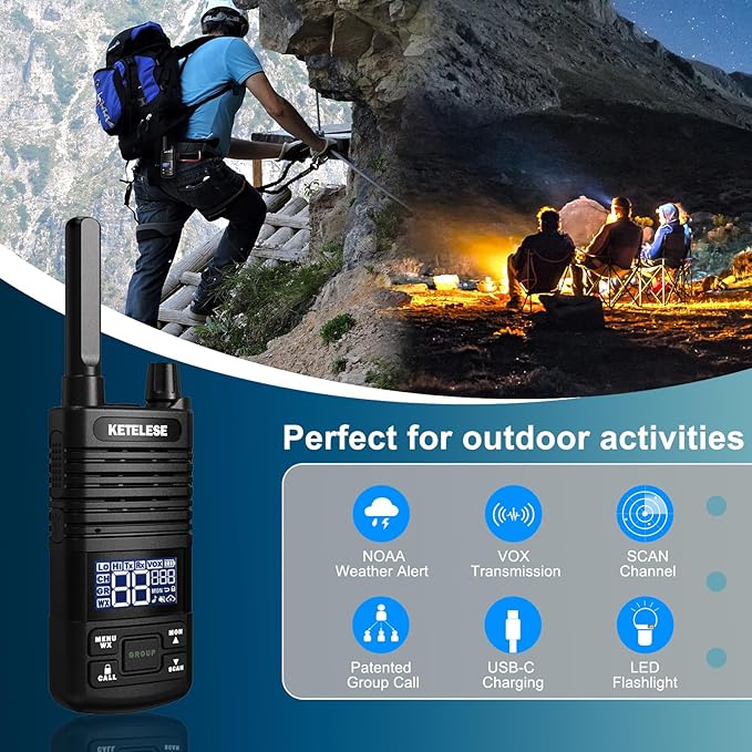 KETELESE T1 FRS Walkie Talkie Set for Adults, Long Range Two-Way Radio, with Earpiece Family Radio Walkie-Talkie, NOAA, VOX, Water-Resistant Design for Outdoor Adventures(2 Pack), Black