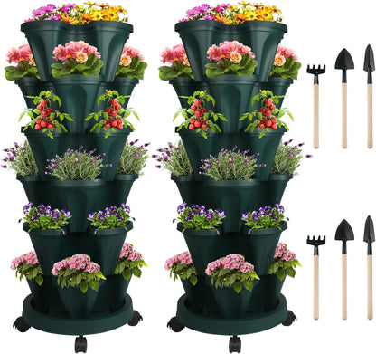 DUNCHATY Stackable Planter, Vertical Garden Planter with Wheels and Tools, Self Watering Strawberry Planter Indoor/Outdoor 6 Tier Herb Planter Pots for Growing Vegetables and Succulents,Pine Green