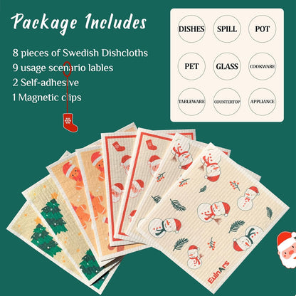 Reusable Paper Towels, Christmas Swedish Dishcloths for Kitchen 8-Pack, Non-Scratch Swedish Dish Towels, Super Absorbent Cellulose Dish Cloths, No Odor Cleaning Rags