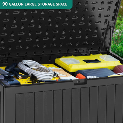 YITAHOME 90 Gallon Large Deck Box, Double-Wall Resin Outdoor Storage Boxes, Deck Storage for Patio Furniture, Cushions, Pool Float, Garden Tools, Lockable & Waterproof (Black)