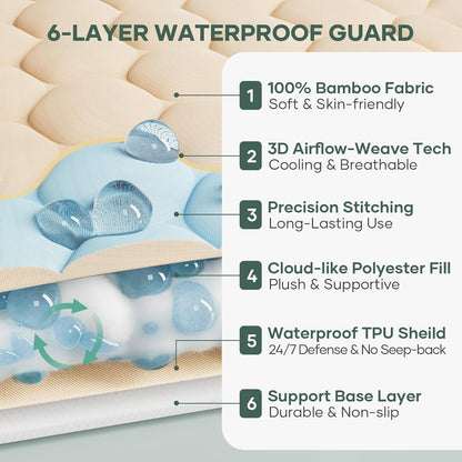 OhGeni 100% Waterproof Mattress Protector, Queen Size Mattress Pad, Fits 6"-20" Mattresses with Deep Pocket, Cooling, Breathable Fitted Sheets, Soft Bed Cover, Noiseless, Machine Washable, Beige