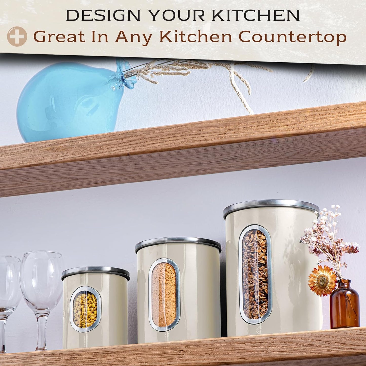 Moss & Stone 3-Piece Beige Canisters Sets For The Kitchen, Airtight Canister Set With See Through Window, Storage Jars for Coffee Container, Tea Organizer & Sugar Canister, Beige Kitchen Canisters