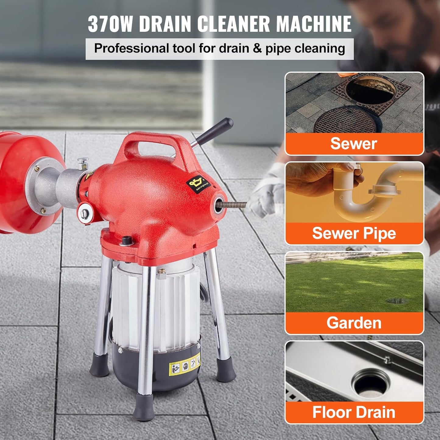 VEVOR Drain Cleaner Machine 120FT x 5/8 Inch, 370W Electric Sewer Snake Auger with 2 Sectional Steel Cables(120' x 5/8" and 23' x 3/8"), 7 Cutters and CW/CCW Control for 1.6" to 4" Pipes