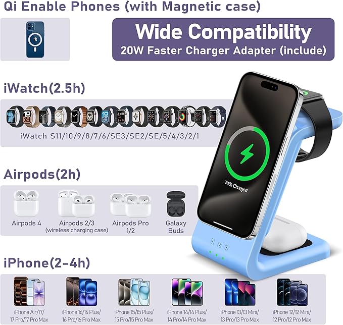 3 in 1 Wireless Charging Station: 5000mAh Removable Power Bank Charger Stand for Phone/Watch/Air Pods - Portable Magnetic Battery Pack for Air 17 16 15 14 13 12 Series Blue