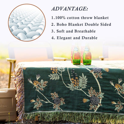 Snycler Boho Throw Blanket for Bed - 100% Cotton Ultra Soft Rustic Quilt Green Hummingbird Printed Farmhouse Decor Bed Blankets,60"×80" All Season Rustic Throw for Sofa Couch Chair