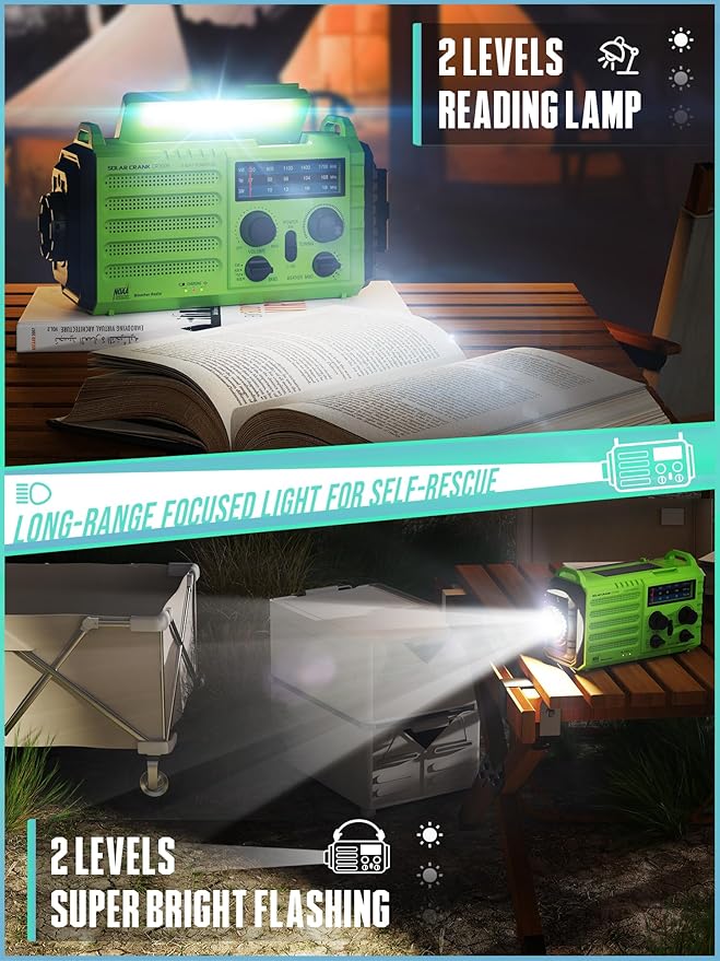 Emergency Radio, 5000 Hand Crank Solar NOAA Weather Radio, AM/FM Portable Battery Operated Radio with 5-Way Power, Phone Charger, Flashlight & Lamp, Compass, Earbud Jack, SOS Alert for Home, Survival