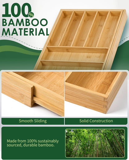 Premium Bamboo Expandable Drawer Organizer, 7-9 Slots Adjustable Kitchen Drawer Organizer for Large Cooking Utensils Cutlery, Kitchen Drawer Organization