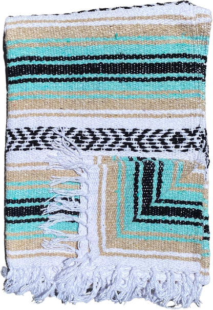 Del Mex Classic Mexican Blanket, Large Authentic Woven Falsa Throw (70"x50"), Artisan Southwest Décor for Beach, Yoga, Outdoors (Mint/Tan)