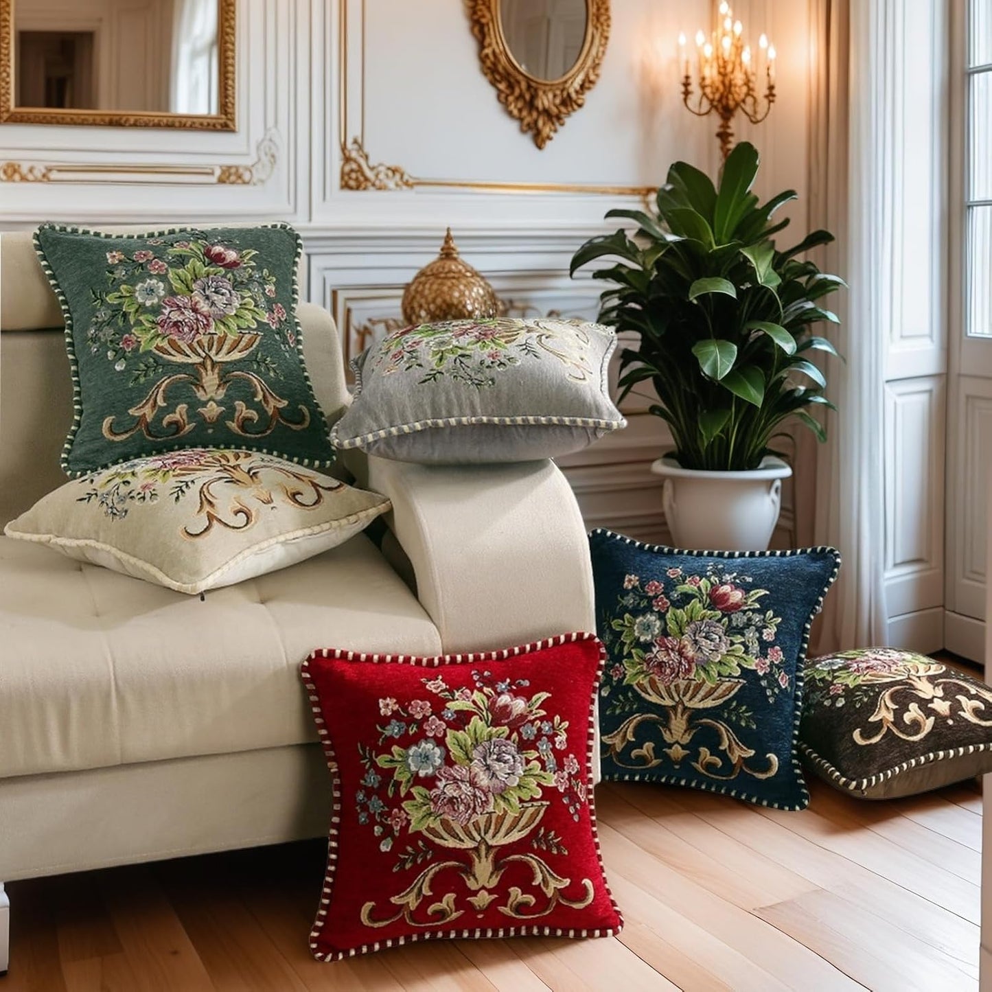 Set of 2 Beige Vintage Throw Pillows Covers 18x18in，Floral Embroidered Cushion Cover for Sofa Bedroom，Euro Sham Covers Retro Home Decor Pillows Covers