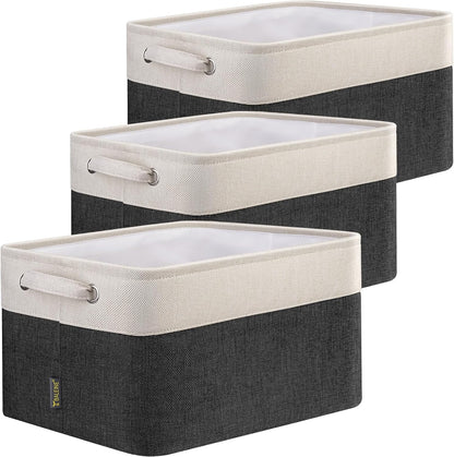 BALEINE 3 Pack Fabric Storage Bins for Shelves, Linen Storage Baskets for Organizing, Decorative Closet Bins for Clothes, Home (Black, 15"x11"x9.5")