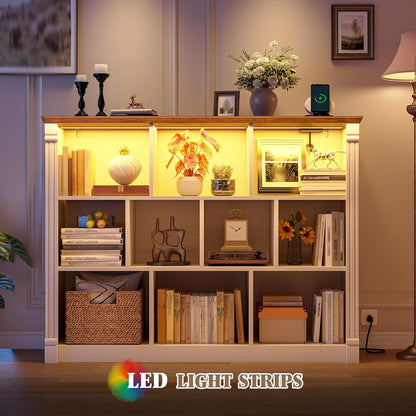 EnHomee 10 Cube Storage Organizer with LED Light and Charging Station Wood Cube Shelf White Bookshelf for Bedroom Living Room,Office,White