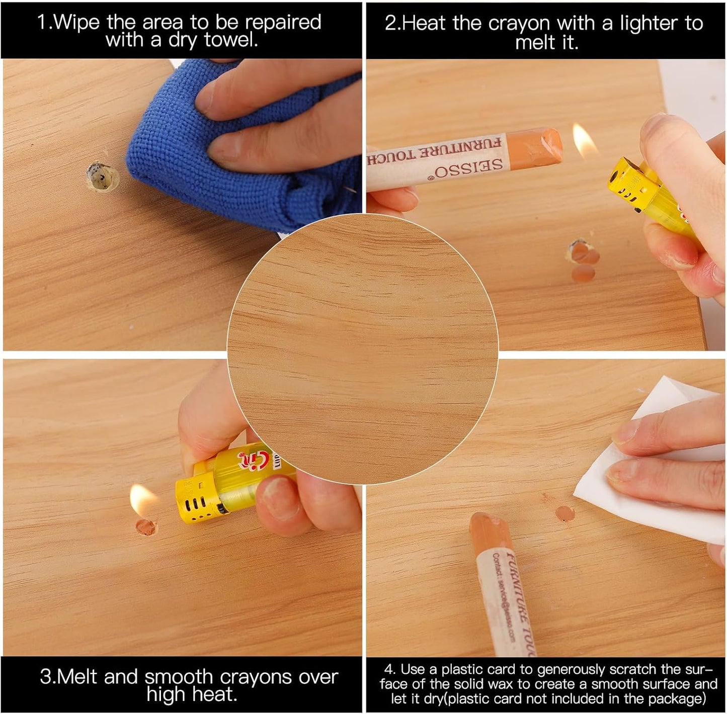 SEISSO Wood Filler Sticks- 6 Pcs, Furniture Repair Wax Crayons, Furniture Marking Repair - Scratch, Cracks, Hole, Table, Wood Floor, Guitar - Heartwood Cherry/Red Brown/Nutmeg