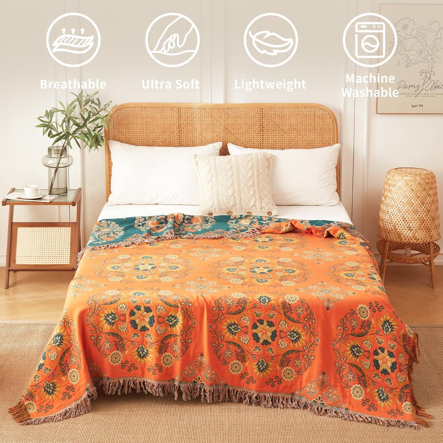 Colorful Throw Blanket 80"x90" Pure Cotton Luxury Throw Rustic Quilt Floral Pattern Home Decor Orange Blanket Lightweight Picnic Blanket(80"x90",04-Garland)