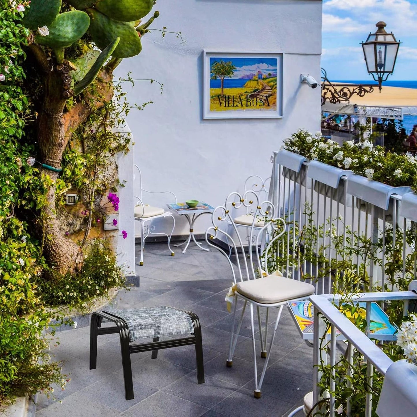 Outdoor Footstools for Patio,Textile Ottomans Metal Dining Footrests Stack Chairs for Lawn,Garden or Porch 2 Set Blue