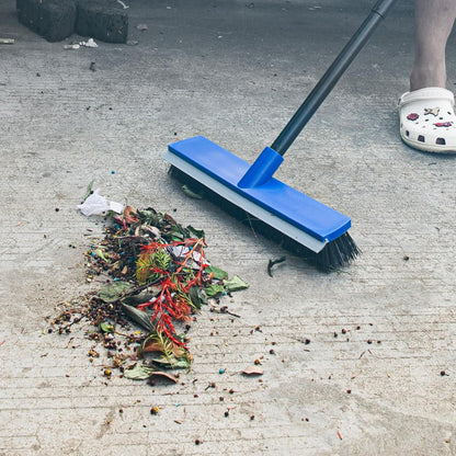 16 Inch Push Broom Outdoor 2 in 1 with Rubber Squeegee and Stiff Bristle Deck Brush 58" Long Handle for Deck Patio Garage Warehouse Driveway Concrete Floor Cleaning Scrubbing(Blue)
