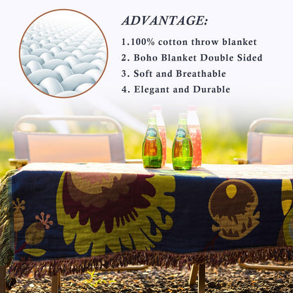 Snycler Boho Throw Blanket for Bed, 100% Organic Cotton Muslin Soft Throw-Blue Boho Floral Farmhouse Rustic Spring Summer Fall Decor Blanket for Couch Sofa Quilt and Gift, 60" x 80"