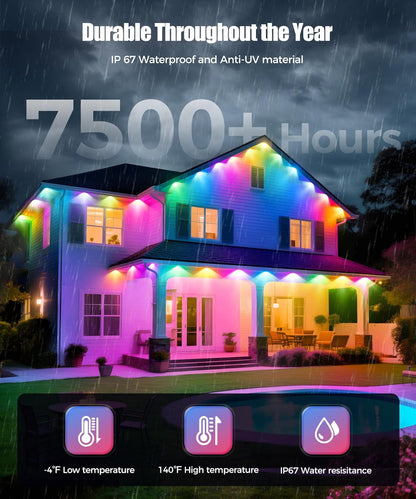 POOFZY Permanent Outdoor Lights for House, 150ft RGB+IC Smart Outdoor Decor, 50 Scene Modes, App/Remote Control, IP68 Waterproof, for Christmas, Holiday, Daily & Pool Party Decor, House Roof Lighting