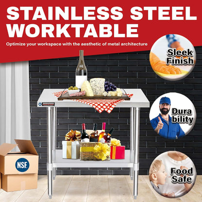 DuraSteel 24x36 Stainless Steel Work Table - NSF Commercial Prep Metal Table - Outdoor Pizza Oven Stand w/Under Shelf - Kitchen Island Laundry Utility Garage Microwave Stand Large Rolling Storage Cart