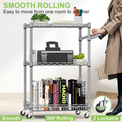 Metal Carts with Wheels,3 Tier Rolling Utility Carts with Storage, Steel Wire Service Cart with Handle Bar&Shelf Liner, Commercial Grade Kitchen Trolley for Indoor & Outdoor Use