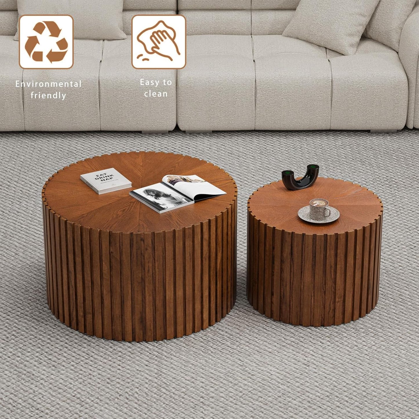Round Coffee Table Set of 2, Nesting Coffee Table and End Table Set Small Circle Drum Side Table for Living Room Office, No Assembly (C Walnut Large)