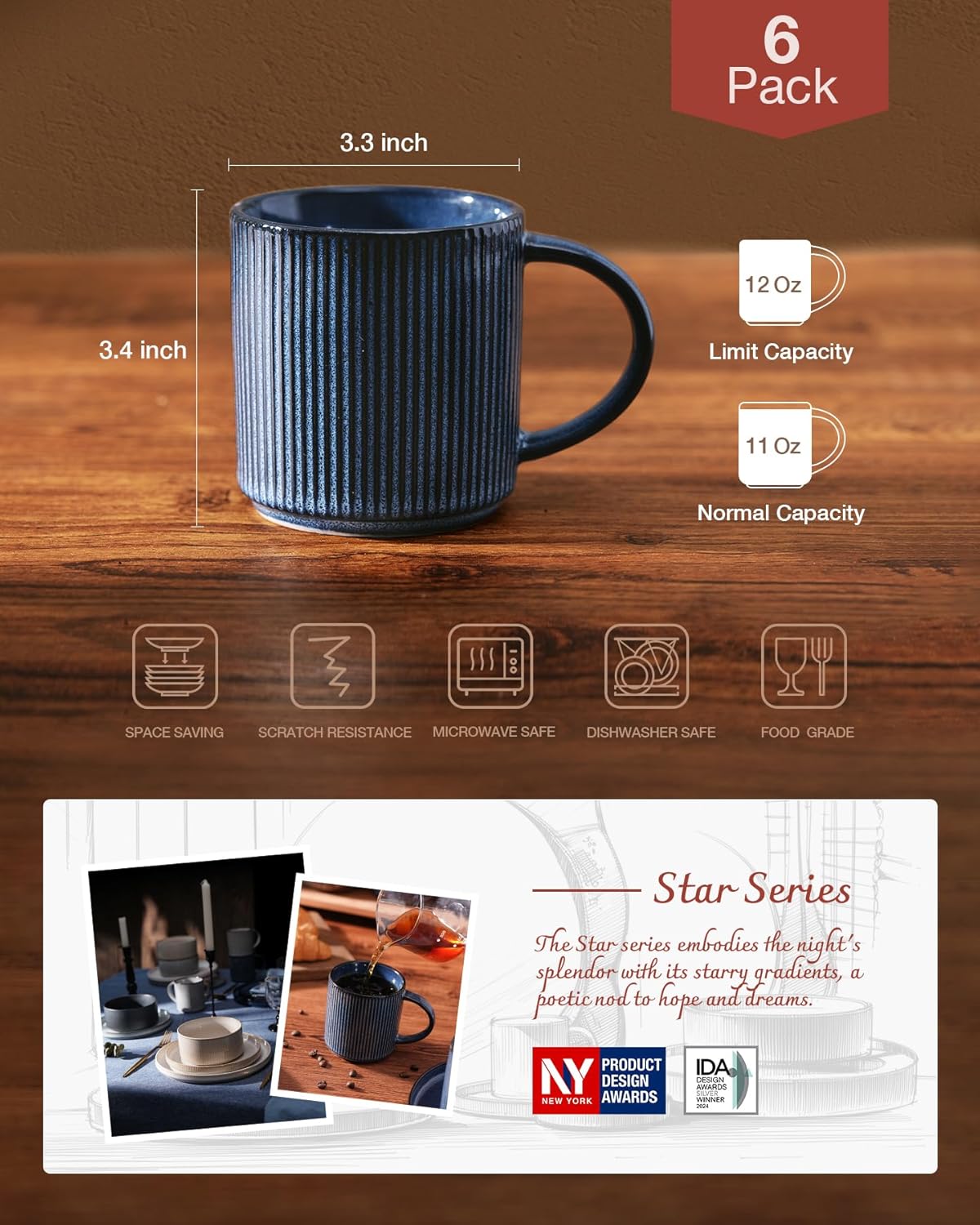 famiware Coffee Mug Set for 6, Star 12 oz Catering Mugs Cup Set with Handle for Coffee, Tea, Cocoa, Milk - Ceramic Stoneware Drinkware Set, Nebulas Blue