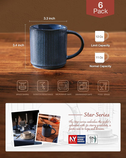 famiware Coffee Mug Set for 6, Star 12 oz Catering Mugs Cup Set with Handle for Coffee, Tea, Cocoa, Milk - Ceramic Stoneware Drinkware Set, Nebulas Blue