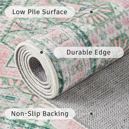 DCX Washable 8x10 Area Rug, Soft Machine Washable Non Slip with Rubber Backing Vintage Rug, Kid & Pet Friendly Living Room Area Rugs 8x10, Foldable Rugs for Bedroom Dining Room Office-Pink & Green