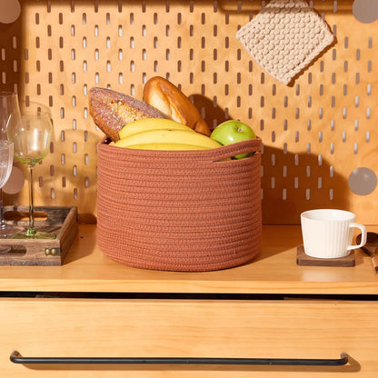 Small Basket for Organizing | Cube Shelf Closet Storage Baskets | 9.7×9.7×7.1” | Woven Rope Gift Basket | Nursery | Round 3 Packs Oxide Red