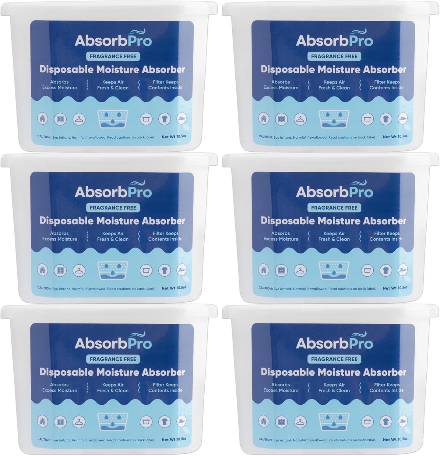 Moisture Absorber Tub Fragrance Free - 6-Pack - 10.5 oz Unscented Disposable Odor Eliminator Box & Dehumidifier for Garage, Home, Kitchen, Bedroom, Bathroom, Closet, Cars, and Boats