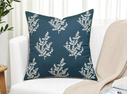 VAGMINE Embroidered Leaves Throw Pillow Cover - 20x20 Inches Square - 100% Cotton Teal Decorative Cushion Cover - Luxurious Embroidery Pattern - Vibrant Boho Accent for Sofa, Bed, Chair, Living Room
