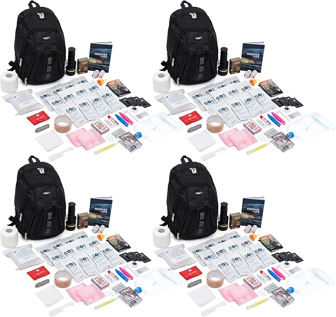 Emergency Zone Basic 4 Person Urban Survival Kit with Food Rations, Water, Emergency Guidebook, First Aid Supplies, Black Backpack